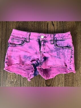 Bright Pink Acid-Wash Denim Cutoff Shorts